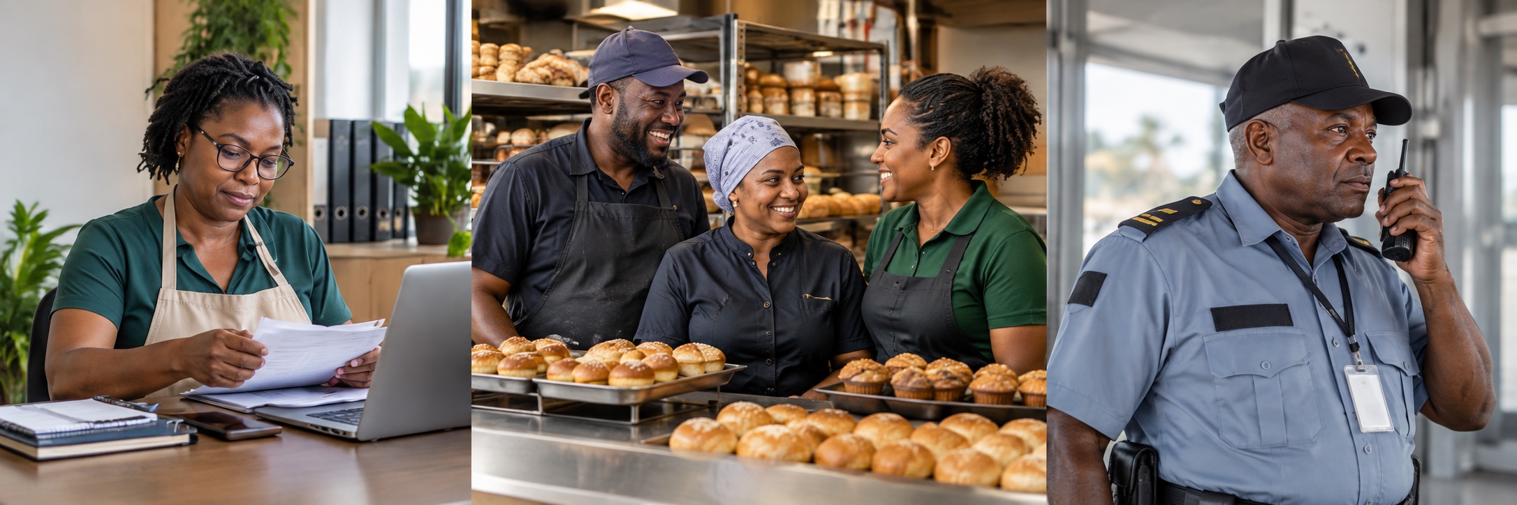 Saint Lucia SME owners at work: an office, a bakery, and site security